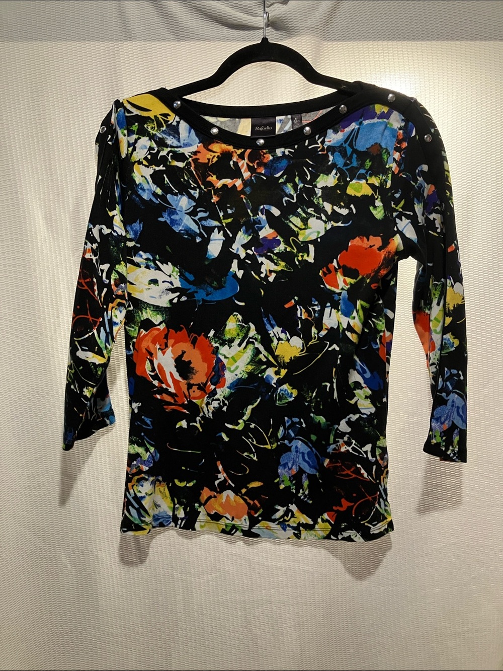 Rafaella Black Floral Multicolor Long Sleeve Top with Stud Detail
